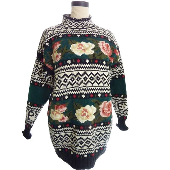 Vintage Express Black Floral Mom Grunge Oversized Granny Slouchy Boho Sweater - Picture 1 of 7